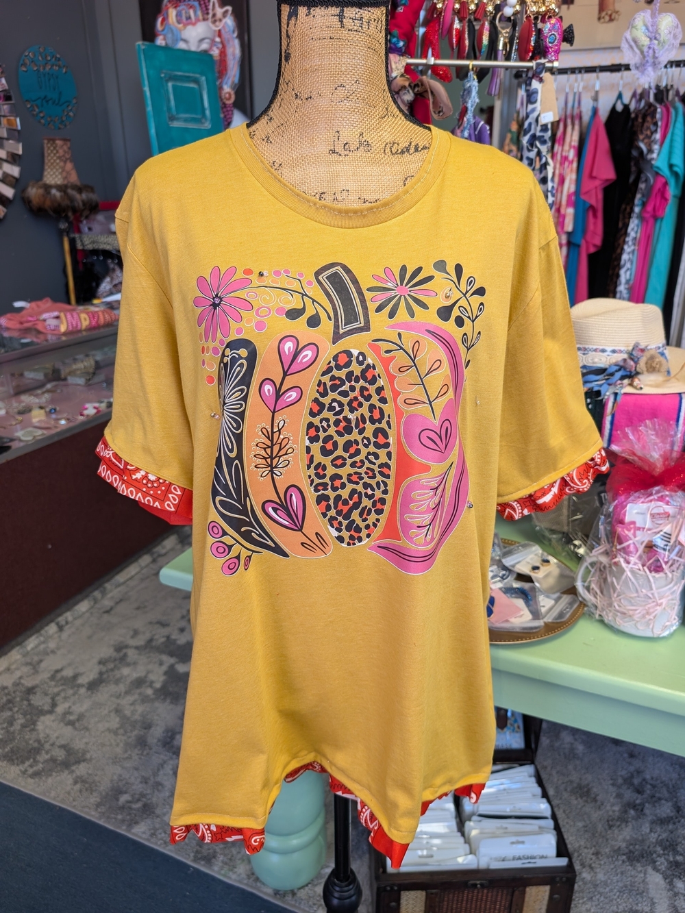 Mustard Pumpkin Graphic Tee with Pink & Leopard Accents